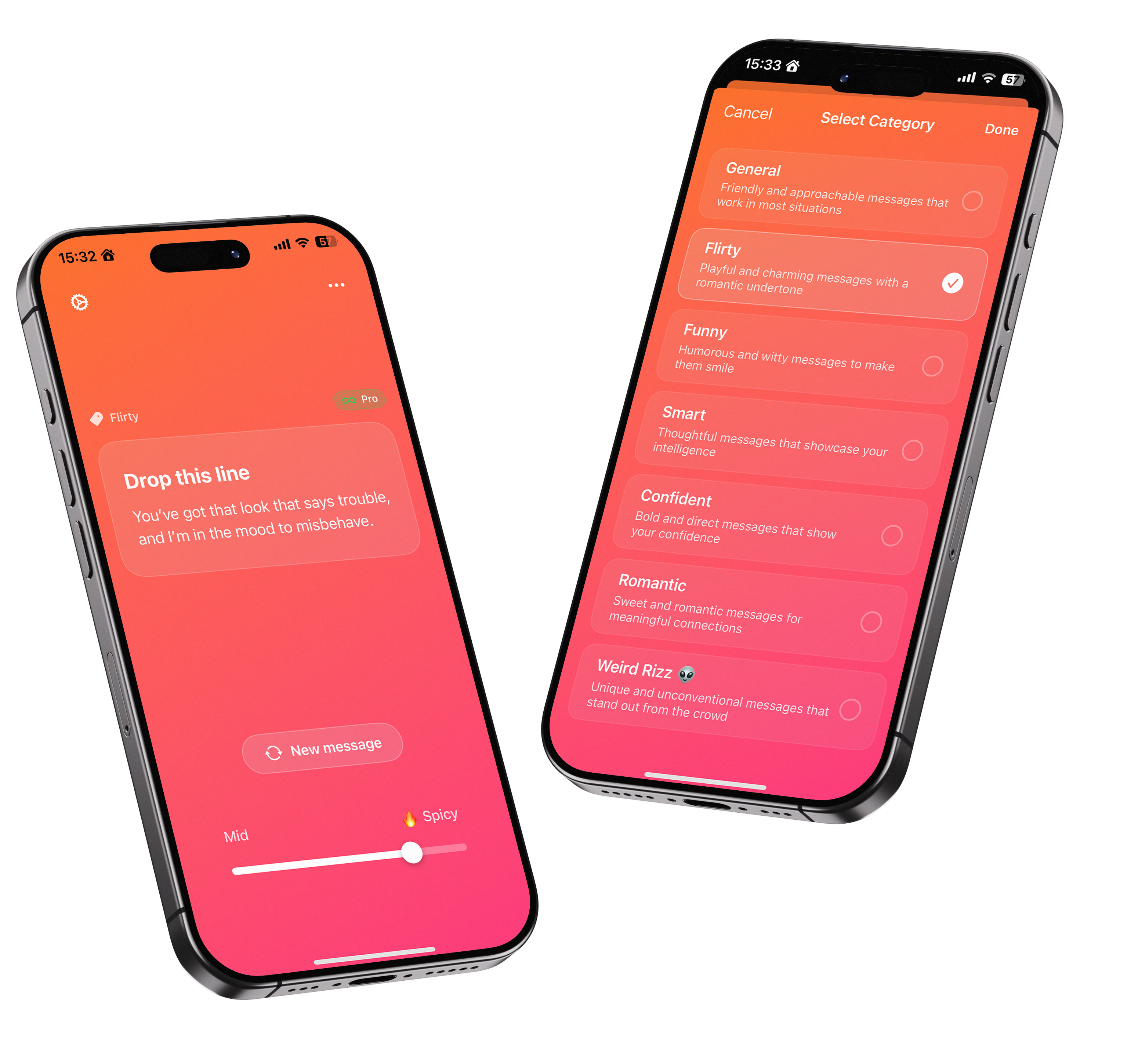 SENDD IT App - Two iPhones showing pick up lines and categories